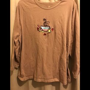 Dreams & Co L chocolate brown long sleeve coffee tea cup featured top